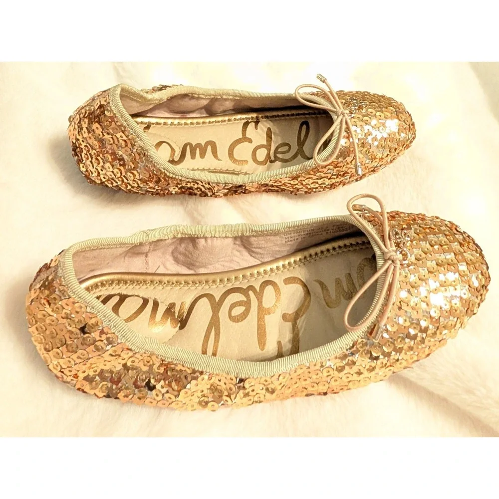 Sam Edelman Gold Sequin Ballet Flats Embellished Bow Sparkle Party Shoes Girls 2